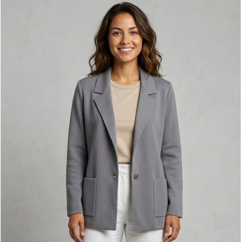 N Club M Neiman Marcus Gray 100% Merino Wool Knit Blazer Jacket Womens Medium